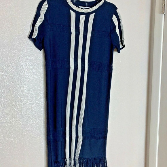 & Other Stories Dresses & Skirts - & Other Stories Womens Sz S Navy Blue White Dress Sweater Finge Panels Fringe He